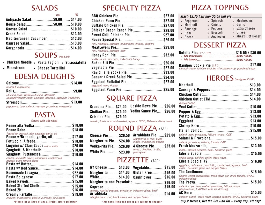 Edesia menu back page